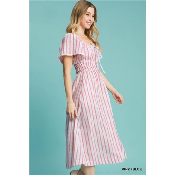 Umgee Smocked Striped Short Sleeve Midi Dress - Picture 2 of 4